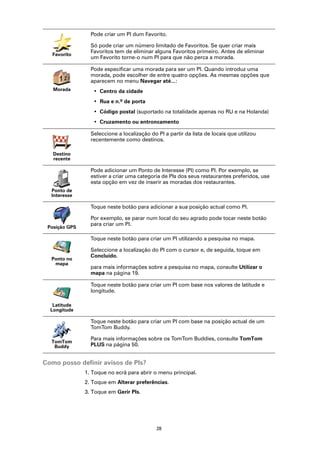 Pode criar um PI dum Favorito.

                 Só pode criar um número limitado de Favoritos. Se quer criar mais
                 Favoritos tem de eliminar alguns Favoritos primeiro. Antes de eliminar
   Favorito
                 um Favorito torne-o num PI para que não perca a morada.

                 Pode especificar uma morada para ser um PI. Quando introduz uma
                 morada, pode escolher de entre quatro opções. As mesmas opções que
                 aparecem no menu Navegar até...:
   Morada         • Centro da cidade
                  • Rua e n.º de porta
                  • Código postal (suportado na totalidade apenas no RU e na Holanda)
                  • Cruzamento ou entroncamento

                 Seleccione a localização do PI a partir da lista de locais que utilizou
                 recentemente como destinos.

   Destino
   recente

                 Pode adicionar um Ponto de Interesse (PI) como PI. Por exemplo, se
                 estiver a criar uma categoria de PIs dos seus restaurantes preferidos, use
                 esta opção em vez de inserir as moradas dos restaurantes.
  Ponto de
  Interesse

                 Toque neste botão para adicionar a sua posição actual como PI.

                 Por exemplo, se parar num local do seu agrado pode tocar neste botão
                 para criar um PI.
 Posição GPS

                 Toque neste botão para criar um PI utilizando a pesquisa no mapa.

                 Seleccione a localização do PI com o cursor e, de seguida, toque em
                 Concluído.
  Ponto no
   mapa
                 para mais informações sobre a pesquisa no mapa, consulte Utilizar o
                 mapa na página 19.

                 Toque neste botão para criar um PI com base nos valores de latitude e
                 longitude.

   Latitude
  Longitude

                 Toque neste botão para criar um PI com base na posição actual de um
                 TomTom Buddy.

                 Para mais informações sobre os TomTom Buddies, consulte TomTom
  TomTom
   Buddy         PLUS na página 50.


Como posso definir avisos de PIs?
               1. Toque no ecrã para abrir o menu principal.
               2. Toque em Alterar preferências.
               3. Toque em Gerir PIs.




                                             28
 