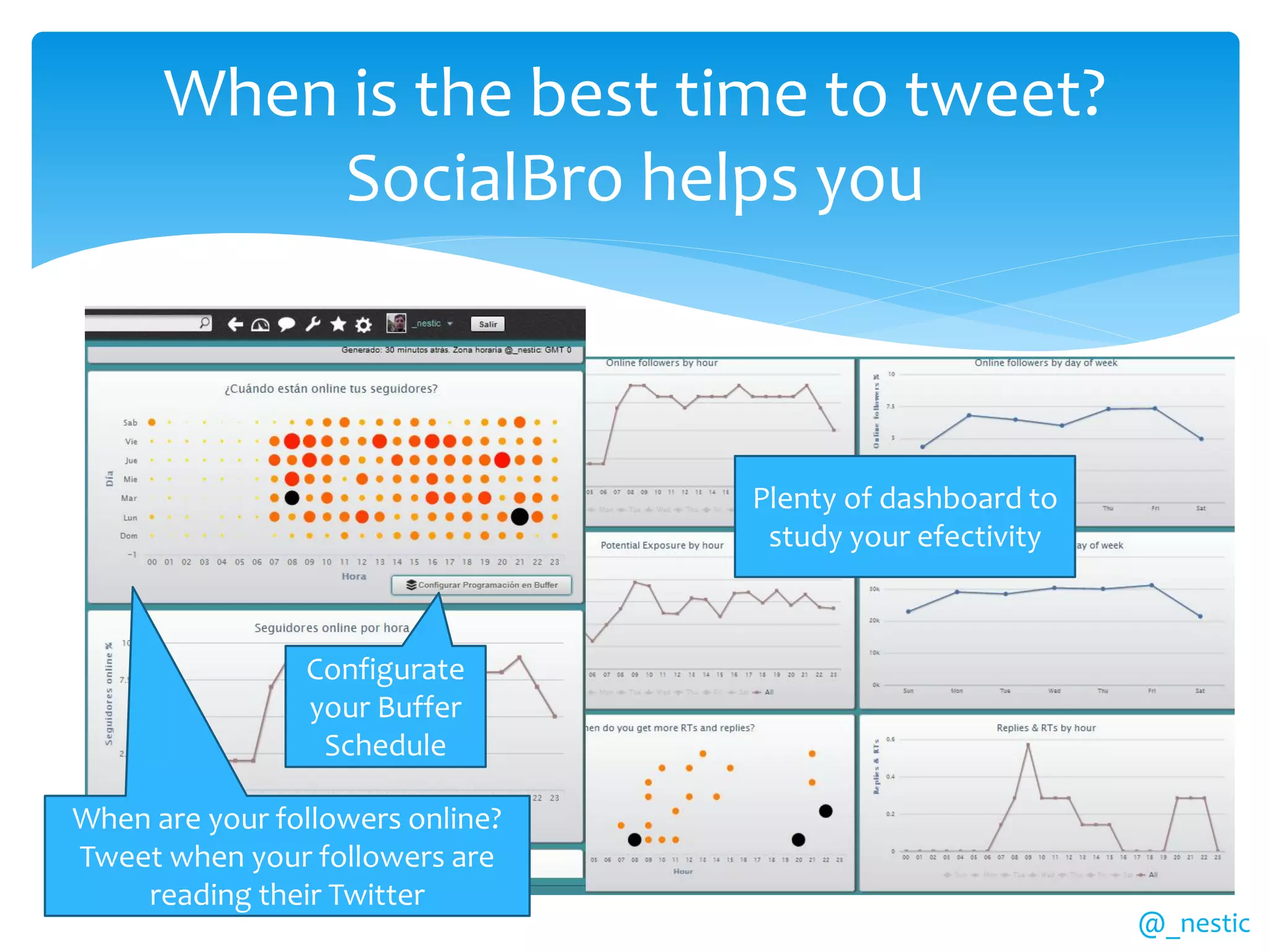When is the best time to tweet?
          SocialBro helps you



                                  Plenty of dashboard to
                                   study your efectivity



                Configurate
                your Buffer
                 Schedule

When are your followers online?
Tweet when your followers are
    reading their Twitter
                                                           @_nestic
 