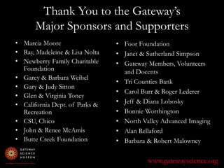 Thank You to the Gateway’s Major Sponsors and SupportersFoor FoundationJanet & Sutherland SimpsonGateway Members, Volunteers and DocentsTri Counties Bank Carol Burr & Roger LedererJeff & Diana LoboskyBonnie WorthingtonNorth Valley Advanced ImagingAlan RellafordBarbara & Robert MalowneyMarcia MooreRay, Madeleine & Lisa NoltaNewberry Family Charitable FoundationGarey & Barbara WeibelGary & Judy SittonGlen & Virginia ToneyCalifornia Dept. of Parks & RecreationCSU, ChicoJohn & Renee McAmisButte Creek Foundationwww.gatewayscience.org