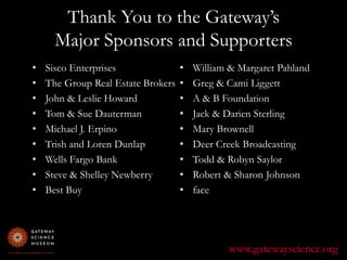 Thank You to the Gateway’s Major Sponsors and SupportersWilliam & Margaret PahlandGreg & Cami LiggettA & B FoundationJack & Darien SterlingMary BrownellDeer Creek Broadcasting Todd & Robyn SaylorRobert & Sharon JohnsonfaceSisco EnterprisesThe Group Real Estate BrokersJohn & Leslie HowardTom & Sue DautermanMichael J. ErpinoTrish and Loren DunlapWells Fargo BankSteve & Shelley NewberryBest Buywww.gatewayscience.org