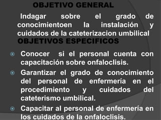 OBJETIVO GENERAL  Indagar   sobre   el   grado  de conocimientoenla instalación y cuidados de la cateterizacionumbilical Conocer  si el personal cuenta con  capacitación sobre onfaloclisis.Garantizar el grado de conocimiento del personal de enfermería en el procedimiento y cuidados del cateterismo umbilical.Capacitar al personal de enfermería en los cuidados de la onfaloclisis.OBJETIVOS ESPECIFICOS