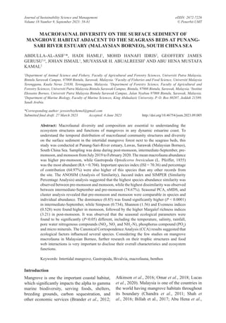 eISSN: 2672-7226
© Penerbit UMT
Journal of Sustainability Science and Management
Volume 18 Number 9, September 2023: 58-81
MACROFAUNAL DIVERSITY ON THE SURFACE SEDIMENT OF
MANGROVE HABITAT ADJACENT TO THE SEAGRASS BEDS AT PUNANG-
SARI RIVER ESTUARY (MALAYSIAN BORNEO), SOUTH CHINA SEA
ABDULLA-AL-ASIF1
*, HADI HAMLI1
, MOHD HANAFI IDRIS2
, GEOFFERY JAMES
GERUSU3,4
, JOHAN ISMAIL1
, MUYASSAR H. ABUALREESH5
AND ABU HENA MUSTAFA
KAMAL2
1
Department of Animal Science and Fishery, Faculty of Agricultural and Forestry Sciences, Universiti Putra Malaysia,
Bintulu Sarawak Campus, 97008 Bintulu, Sarawak, Malaysia. 2
Faculty of Fisheries and Food Science, Universiti Malaysia
Terengganu, Kuala Nerus 21030, Terengganu, Malaysia. 3
Department of Forestry Science, Faculty of Agricultural and
Forestry Sciences, Universiti Putra Malaysia Bintulu Sarawak Campus, Bintulu, 97008 Bintulu, Sarawak, Malaysia. 4
Institut
Ekosains Borneo, Universiti Putra Malaysia Bintulu Sarawak Campus, Jalan Nyabau 97008 Bintulu, Sarawak, Malaysia.
5
Department of Marine Biology, Faculty of Marine Sciences, King Abdualaziz University, P. O. Box 80207, Jeddah 21589,
Saudi Arabia.
*Corresponding author: jessoreboyhemel@gmail.com
Submitted final draft: 27 March 2023 Accepted: 6 June 2023
Introduction
Mangrove is one the important coastal habitat,
which significantly impacts the alpha to gamma
marine biodiversity, serving foods, shelters,
breeding grounds, carbon sequestration, and
other economic services (Brander et al., 2012;
Atkinson et al., 2016; Omar et al., 2018; Lucas
et al., 2020). Malaysia is one of the countries in
the world having mangrove habitats throughout
its boundary (Chandra et al., 2011; Shah et
al., 2016; Billah et al., 2017; Abu Hena et al.,
Abstract: Macrofaunal diversity and composition are essential to understanding the
ecosystem structures and functions of mangroves in any dynamic estuarine coast. To
understand the temporal distribution of macrofaunal community structures and diversity
on the surface sediment in the intertidal mangrove forest next to the seagrass beds, this
study was conducted at Punang-Sari-River estuary, Lawas, Sarawak (Malaysian Borneo),
South China Sea. Sampling was done during post-monsoon, intermediate-September, pre-
monsoon, and monsoon from July 2019 to February 2020. The mean macrofauna abundance
was higher pre-monsoon, while Gastropoda Optediceros breviculum (L. Pfeiffer, 1855)
was the most abundant (RA = 0.704). Important species index (ISI = 70.36) and percentage
of contribution (64.97%) were also higher of this species than any other records from
the site. The ANOSIM (Analysis of Similarity), Jaccard index and SIMPER (Similarity
Percentage Analysis) analysis suggested that the highest species abundance similarity was
observed between pre-monsoon and monsoon, while the highest dissimilarity was observed
between intermediate-September and pre-monsoon (74.67%). Seasonal PCA, nMDS, and
cluster analysis revealed that pre-monsoon and monsoon were comparable in species and
individual abundance. The dominance (0.85) was found significantly higher (P < 0.0001)
in intermediate-September, while Simpson (0.734), Shannon (1.56) and Evenness indices
(0.528) were found higher in monsoon, followed by the higher Margalef richness indices
(3.21) in post-monsoon. It was observed that the seasonal ecological parameters were
found to be significantly (P<0.05) different, including the temperature, salinity, rainfall,
pore water nitrogenous compounds (NO2
, NO3
and NH3
-N), phosphorus compound (PO4
)
and micro minerals. The Canonical Correspondence Analysis (CCA) results suggested that
ecological factors influenced several species. Considering the few studies on mangrove
macrofauna in Malaysian Borneo, further research on their trophic structures and food
web interactions is very important to disclose their overall characteristics and ecosystem
functions.
Keywords: Intertidal mangrove, Gastropoda, Bivalvia, macrofauna, benthos
http://doi.org/10.46754/jssm.2023.09.005
 