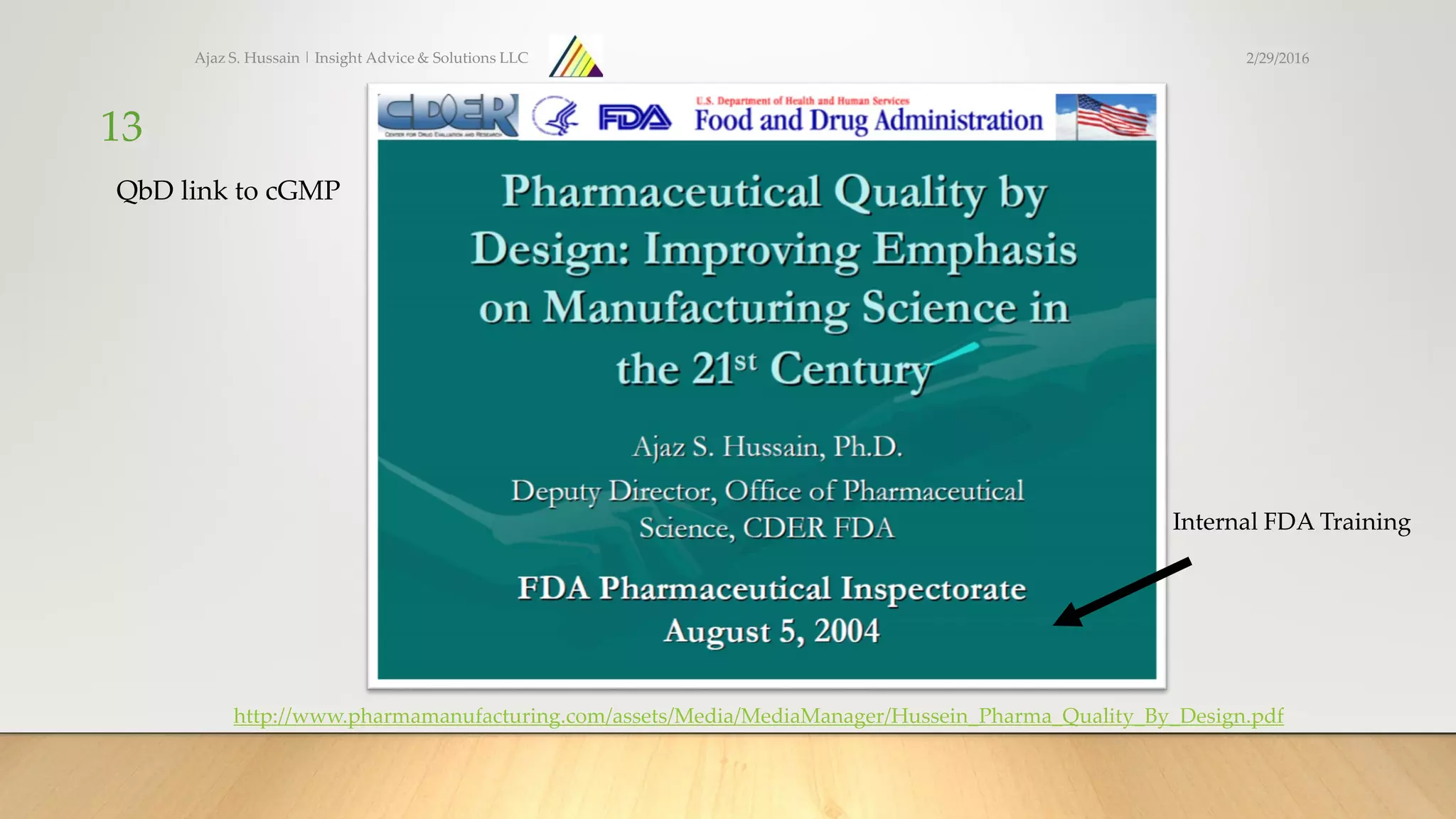 Ajaz S. Hussain | Insight Advice & Solutions LLC
13
http://www.pharmamanufacturing.com/assets/Media/MediaManager/Hussein_Pharma_Quality_By_Design.pdf
QbD link to cGMP
Internal FDA Training
2/29/2016
 