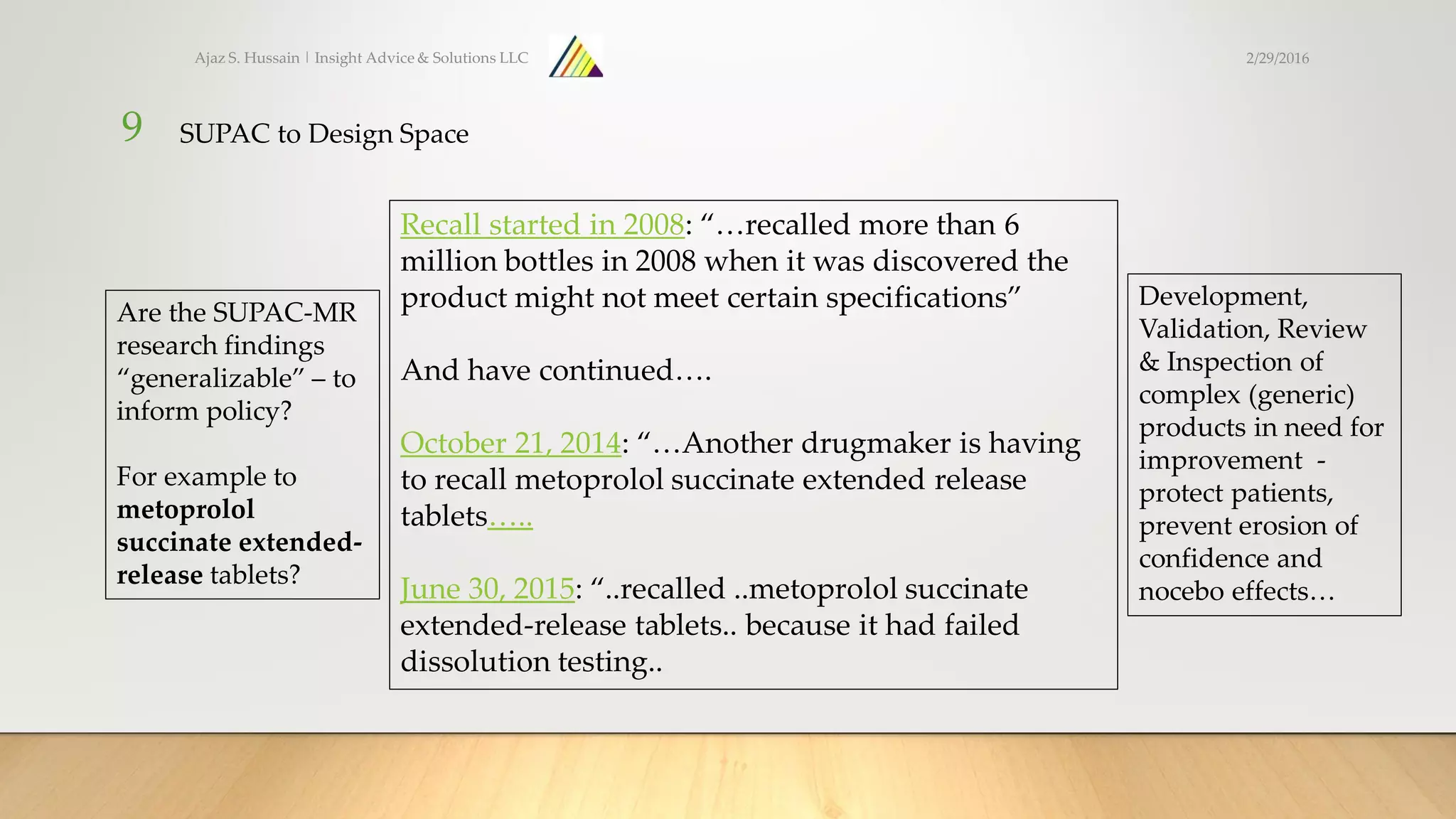 Ajaz S. Hussain | Insight Advice & Solutions LLC
9
Recall started in 2008: “…recalled more than 6
million bottles in 2008 when it was discovered the
product might not meet certain specifications”
And have continued….
October 21, 2014: “…Another drugmaker is having
to recall metoprolol succinate extended release
tablets…..
June 30, 2015: “..recalled ..metoprolol succinate
extended-release tablets.. because it had failed
dissolution testing..
Are the SUPAC-MR
research findings
“generalizable” – to
inform policy?
For example to
metoprolol
succinate extended-
release tablets?
Development,
Validation, Review
& Inspection of
complex (generic)
products in need for
improvement -
protect patients,
prevent erosion of
confidence and
nocebo effects…
SUPAC to Design Space
2/29/2016
 