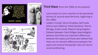 Third Wave (from the 1990s to the present)
- continuation of, and a reaction to the perceived
failures of, second-wave feminism, beginning in
the 1990s.
- Leaders include: Gloria Anzaldua, bell hooks
(Gloria Jean Watkins), Chela Sandoval, Cherrie
Moraga, Audre Lorde, Maxine Hong Kingston
- Debates between Carol Gilligan (psychologists,
believes that there are important differences
between the sexes) and those who believe that
there are no inherent differences between the
sexes and contend that gender roles are due to
social conditioning.
 