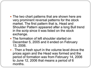  The two chart patterns that are shown here are
  very prominent reversal patterns for the stock
  market. The first pattern that is, Head and
  Shoulder Pattern appeared after a long Bull trend
  in the scrip since it was listed on the stock
  exchange.
 The formation of left shoulder started on
  December 5, 2005 and it ended on February
  13, 2006.
 . Then a fresh spurt in the volume level drove the
  prices again and the Head was formed and the
  period of formation was from February 14, 2006
  to June 12, 2006 that means a period of 6
  months.
 