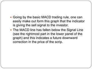  Going by the basic MACD trading rule, one can
  easily make out form this graph that the indicator
  is giving the sell signal to the investor.
 The MACD line has fallen below the Signal Line
  (see the rightmost part in the lower panel of the
  graph) and this indicates a future downward
  correction in the price of the scrip.
 