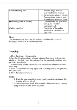 22
External flushing line 1. Pressure gauge does not
indicate abnormal pressure
2. Surface temperature of external
flushing piping is nearly same
as temperature of eternal liquid
Quenching ( water or stream ) 1. Quench fluid is not sprayed out
from gland cover for
mechanical seal
Cooling water line 1. Circulation of the cooling
water can be confirmed by
sight flow
Note:
The pump should be shut down if it fails to develop its stable operation.
Investigate the cause of its unstable operation.
Stopping:
1. Close the distance valve gradually
2. Stop the driver immediately when the minimum line is provided , close the
discharge valve fully . open the minimum flow line valve fully , and then stop
the driver immediately.
3. After the pump stopped completely, close the discharge minimum flow line
valve fully
4. Close all valve in the auxiliary piping such as cooling flushing and quenching
line , in a while.
5. Close the suction valve fully.
NOTE-
1. Drain the water completely in cooling piping and jackets, in case that
freezing will be predicted.
2. In case of handling a liquid liable to solidity during shut down , clean the
pump interior well after stoppe the pump
 