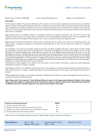 ONGC | 2QFY2011 Result Update
October 29, 2010 13
Research Team Tel: 022 - 4040 3800 E-mail: research@angeltrade.com Website: www.angeltrade.com
DISCLAIMER
This document is solely for the personal information of the recipient, and must not be singularly used as the basis of any investment
decision. Nothing in this document should be construed as investment or financial advice. Each recipient of this document should make
such investigations as they deem necessary to arrive at an independent evaluation of an investment in the securities of the companies
referred to in this document (including the merits and risks involved), and should consult their own advisors to determine the merits and
risks of such an investment.
Angel Broking Limited, its affiliates, directors, its proprietary trading and investment businesses may, from time to time, make
investment decisions that are inconsistent with or contradictory to the recommendations expressed herein. The views contained in this
document are those of the analyst, and the company may or may not subscribe to all the views expressed within.
Reports based on technical and derivative analysis center on studying charts of a stock's price movement, outstanding positions and
trading volume, as opposed to focusing on a company's fundamentals and, as such, may not match with a report on a company's
fundamentals.
The information in this document has been printed on the basis of publicly available information, internal data and other reliable
sources believed to be true, but we do not represent that it is accurate or complete and it should not be relied on as such, as this
document is for general guidance only. Angel Broking Limited or any of its affiliates/ group companies shall not be in any way
responsible for any loss or damage that may arise to any person from any inadvertent error in the information contained in this report.
Angel Broking Limited has not independently verified all the information contained within this document. Accordingly, we cannot testify,
nor make any representation or warranty, express or implied, to the accuracy, contents or data contained within this document. While
Angel Broking Limited endeavours to update on a reasonable basis the information discussed in this material, there may be regulatory,
compliance, or other reasons that prevent us from doing so.
This document is being supplied to you solely for your information, and its contents, information or data may not be reproduced,
redistributed or passed on, directly or indirectly.
Angel Broking Limited and its affiliates may seek to provide or have engaged in providing corporate finance, investment banking or
other advisory services in a merger or specific transaction to the companies referred to in this report, as on the date of this report or in
the past.
Neither Angel Broking Limited, nor its directors, employees or affiliates shall be liable for any loss or damage that may arise from or in
connection with the use of this information.
Note: Please refer to the important `Stock Holding Disclosure' report on the Angel website (Research Section). Also, please
refer to the latest update on respective stocks for the disclosure status in respect of those stocks. Angel Broking Limited and
its affiliates may have investment positions in the stocks recommended in this report.
Disclosure of Interest Statement ONGC
1. Analyst ownership of the stock No
2. Angel and its Group companies ownership of the stock No
3. Angel and its Group companies' Directors ownership of the stock No
4. Broking relationship with company covered No
Note: We have not considered any Exposure below ` 1 lakh for Angel, its Group companies and Directors.
Ratings (Returns) : Buy (> 15%) Accumulate (5% to 15%) Neutral (-5 to 5%)
Reduce (-5% to 15%) Sell (< -15%)
 