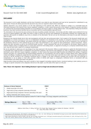 ONGC I 4QFY2010 Result Update


Research Team Tel: 022-4040 3800                                         E-mail: research@angeltrade.com                                       Website: www.angeltrade.com


DISCLAIMER

This document is not for public distribution and has been furnished to you solely for your information and must not be reproduced or redistributed to any
other person. Persons into whose possession this document may come are required to observe these restrictions.
Opinion expressed is our current opinion as of the date appearing on this material only. While we endeavor to update on a reasonable basis the
information discussed in this material, there may be regulatory, compliance, or other reasons that prevent us from doing so. Prospective investors and others
are cautioned that any forward-looking statements are not predictions and may be subject to change without notice. Our proprietary trading and investment
businesses may make investment decisions that are inconsistent with the recommendations expressed herein.
The information in this document has been printed on the basis of publicly available information, internal data and other reliable sources believed to be true
and are for general guidance only. While every effort is made to ensure the accuracy and completeness of information contained, the company takes no
guarantee and assumes no liability for any errors or omissions of the information. No one can use the information as the basis for any claim, demand or
cause of action.
Recipients of this material should rely on their own investigations and take their own professional advice. Each recipient of this document should make such
investigations as it deems necessary to arrive at an independent evaluation of an investment in the securities of companies referred to in this document
(including the merits and risks involved), and should consult their own advisors to determine the merits and risks of such an investment. Price and value of
the investments referred to in this material may go up or down. Past performance is not a guide for future performance. Certain transactions - futures,
options and other derivatives as well as non-investment grade securities - involve substantial risks and are not suitable for all investors. Reports based on
technical analysis centers on studying charts of a stock's price movement and trading volume, as opposed to focusing on a company's fundamentals and as
such, may not match with a report on a company's fundamentals.
We do not undertake to advise you as to any change of our views expressed in this document. While we would endeavor to update the information herein on
a reasonable basis, Angel Securities, its subsidiaries and associated companies, their directors and employees are under no obligation to update or keep the
information current. Also there may be regulatory, compliance, or other reasons that may prevent Angel Securities and affiliates from doing so. Prospective
investors and others are cautioned that any forward-looking statements are not predictions and may be subject to change without notice. Angel Securities
Limited and affiliates, including the analyst who has issued this report, may, on the date of this report, and from time to time, have long or short positions in,
and buy or sell the securities of the companies mentioned herein or engage in any other transaction involving such securities and earn brokerage or
compensation or act as advisor or have other potential conflict of interest with respect to company/ies mentioned herein or inconsistent with any
recommendation and related information and opinions.
Angel Securities Limited and affiliates may seek to provide or have engaged in providing corporate finance, investment banking or other advisory services in
a merger or specific transaction to the companies referred to in this report, as on the date of this report or in the past.


Note: Please refer important `Stock Holding Disclosure' report on Angel web-site (Research Section).




 Disclosure of Interest Statement                                                           ONGC
 1.   Analyst ownership of the stock                                                           No
 2.   Angel and its Group companies ownership of the stock                                     No
 3.   Angel and its Group companies’ Directors ownership of the stock                          No
 4.   Broking relationship with company covered                                                No
Note: We have not considered any Exposure below Rs 5 lakh for Angel, its Group companies and Directors.




                               Address: Acme Plaza, ‘A’ Wing, 3rd Floor, M.V. Road, Opp. Sangam Cinema, Andheri (E), Mumbai - 400 059.
                                                                   Tel : (022) 3952 4568 / 4040 3800



   Angel Broking Ltd: BSE Sebi Regn No : INB 010996539 / CDSL Regn No: IN - DP - CDSL - 234 - 2004 / PMS Regn Code: PM/INP000001546 Angel Securities Ltd:BSE: INB010994639/INF010994639 NSE:
   INB230994635/INF230994635 Membership numbers: BSE 028/NSE:09946
   Angel Capital & Debt Market Ltd: INB 231279838 / NSE FNO: INF 231279838 / NSE Member code -12798 Angel Commodities Broking (P) Ltd: MCX Member ID: 12685 / FMC Regn No: MCX / TCM /
   CORP / 0037 NCDEX : Member ID 00220 / FMC Regn No: NCDEX / TCM / CORP / 0302




May 28, 2010                                                                                                                                                                               9
 
