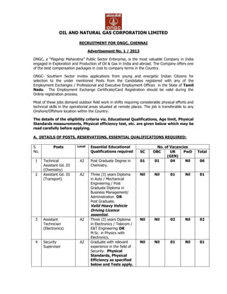OIL AND NATURAL GAS CORPORATION LIMITED
RECRUITMENT FOR ONGC, CHENNAI
Advertisement No. 1 / 2013
ONGC, a “Flagship Maharatna” Public Sector Enterprise, is the most valuable Company in India
engaged in Exploration and Production of Oil & Gas in India and abroad. The Company offers one
of the best compensation packages in cost to company terms in the Country.
ONGC- Southern Sector invites applications from young and energetic Indian Citizens for
selection to the under mentioned Posts from the Candidates registered with any of the
Employment Exchanges / Professional and Executive Employment Offices in the State of Tamil
Nadu. The Employment Exchange Certificate/Card Registration should be valid during the
Online registration process.
Most of these jobs demand outdoor field work in shifts requiring considerable physical efforts and
technical skills in the operational areas situated at remote places. The job is transferable to any
Onshore/Offshore location within the Country.
The details of the eligibility criteria viz. Educational Qualifications, Age limit, Physical
Standards measurements, Physical efficiency test, etc. are given below which may be
read carefully before applying.
A. DETAILS OF POSTS, RESERVATIONS, ESSENTIAL QUALIFICATIONS REQUIRED:
S.
No.
Posts Level Essential Educational
Qualifications required
No. of Vacancies
SC OBC UR
(GEN)
PwD Total
1 Technical
Assistant Gd. III
(Chemistry)
A2 Post Graduate Degree in
Chemistry.
01 01 04 Nil 06
2 Assistant Gd. III
(Transport)
A2 Three (3) years Diploma
in Auto / Mechanical
Engineering / Post
Graduate Diploma in
Business Management/
Administration OR
Post Graduate.
Valid Heavy Vehicle
Driving Licence
essential.
Nil Nil 01 Nil 01
3 Assistant
Technician
(Electronics)
A2 Three (3) years Diploma
in Electronics / Telecom /
E&T Engineering OR
M.Sc. in Physics with
Electronics.
Nil Nil 02 Nil 02
4 Security
Supervisor
A2 Graduate with relevant
experience in the field of
Security. Physical
Standards, Physical
Efficiency as specified
below and Tests apply.
Nil Nil 01 Nil 01
 