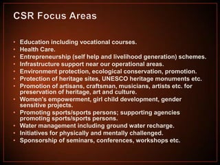•
•
•
•
•
•
•
•
•
•
•
•

Education including vocational courses.
Health Care.
Entrepreneurship (self help and livelihood generation) schemes.
Infrastructure support near our operational areas.
Environment protection, ecological conservation, promotion.
Protection of heritage sites, UNESCO heritage monuments etc.
Promotion of artisans, craftsman, musicians, artists etc. for
preservation of heritage, art and culture.
Women's empowerment, girl child development, gender
sensitive projects.
Promoting sports/sports persons; supporting agencies
promoting sports/sports persons.
Water management including ground water recharge.
Initiatives for physically and mentally challenged.
Sponsorship of seminars, conferences, workshops etc.

 