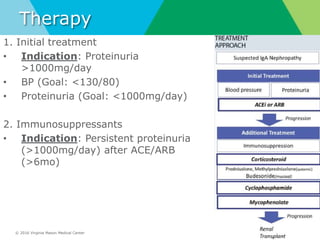 © 2016 Virginia Mason Medical Center
Therapy
11
1. Initial treatment
• Indication: Proteinuria
>1000mg/day
• BP (Goal: <130/80)
• Proteinuria (Goal: <1000mg/day)
2. Immunosuppressants
• Indication: Persistent proteinuria
(>1000mg/day) after ACE/ARB
(>6mo)
 