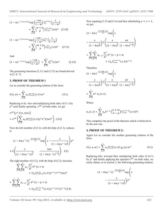 IJRET: International Journal of Research in Engineering and Technology eISSN: 2319-1163 | pISSN: 2321-7308
__________________________________________________________________________________________
Volume: 02 Issue: 09 | Sep-2013, Available @ http://www.ijret.org 423
1 − 𝑤 − (1+𝛼+2𝑛)
exp
−𝑥𝑤
1 − 𝑤
𝐿 𝑛
(𝛼+𝑛) 𝑥
1 − 𝑤
=
𝑛 + 𝑝
𝑝 𝐿 𝑛+𝑝
𝛼+𝑝
𝑥 𝑤 𝑝
∞
𝑝=0
(2.10)
1 − 𝑤 − (1+𝛼+𝑚)
exp
−𝑥𝑤
1 − 𝑤
𝐿 𝑚
(𝛼) 𝑥
1 − 𝑤
=
𝑚 + 𝑝
𝑝 𝐿 𝑚+𝑝
𝛼
𝑥 𝑤 𝑝
∞
𝑝=0
(2.11)
And
1 − 𝑤 − (1+𝛼)
exp
−𝑥𝑤
1 − 𝑤
= 𝐿 𝑝
𝛼
𝑥 𝑤 𝑝
∞
𝑝=0
. (2.12)
The generating functions (2.11) and (2.12) are found derived
in [5, 6, 7].
3. PROOF OF THEOREM 1
Let us consider the generating relation of the form:
𝐺 𝑥, 𝑤 = 𝑎 𝑛 𝑌𝑛+𝑚
𝛼+𝑛
𝑥; 𝑘 𝑤 𝑛
∞
𝑛=0
(3.1)
Replacing 𝑤 by 𝑡𝑤𝑧 and multiplying both sides of (3.1) by
𝑦 𝛼
𝑎𝑛𝑑 finally operating 𝑒 𝑤𝑅
on both sides, we get
𝑒 𝑤𝑅
𝑦 𝛼
𝐺 𝑥, 𝑡𝑤𝑧
= 𝑒 𝑤𝑅
𝑎 𝑛 𝑌𝑛+𝑚
𝛼+𝑛
𝑥; 𝑘 𝑦 𝛼
𝑧 𝑛
𝑡𝑤 𝑛
∞
𝑛=0
. (3.2)
Now the left member of (3.2), with the help of (2.3), reduces
to
(1 − 𝑘𝑤𝑦−1
𝑧)−
(𝛼+𝑘𝑚 +1)
𝑘 exp 𝑥 −
𝑥
1 − 𝑘𝑤𝑦−1 𝑧
1
𝑘
𝑦 𝛼
× 𝐺
𝑥
(1 − 𝑘𝑤𝑦−1 𝑧)
1
𝑘
,
𝑡𝑤𝑧
(1 − 𝑘𝑤𝑦−1 𝑧)1+
1
𝑘
. 3.3)
The right member of (3.2), with the help of (2.2), becomes
𝑎 𝑛
𝑤 𝑝
𝑝!
𝑘 𝑝
𝑛
𝑝=0
∞
𝑛=0
(𝑛 + 𝑚
+ 1) 𝑝 𝑌𝑛+𝑚+𝑝
𝛼+𝑛
𝑥; 𝑘 𝑦 𝛼−𝑝
𝑧 𝑛+𝑝
(𝑡𝑤) 𝑛
= 𝑎 𝑛−𝑝
𝑤 𝑛
𝑝!
𝑘 𝑝
𝑛
𝑝=0
∞
𝑛=0
(𝑛 − 𝑝 + 𝑚
+ 1) 𝑝 𝑌𝑛+𝑚
𝛼+𝑛−𝑝
𝑥; 𝑘 𝑦 𝛼−𝑝
𝑧 𝑛
𝑡 𝑛−𝑝
(3.4)
Now equating (3.3) and (3.4) and then substituting 𝑦 = 𝑧 = 1,
we get
(1 − 𝑘𝑤)−
(1+𝑚𝑘 +𝛼)
𝑘 exp 𝑥
−
𝑥
1 − 𝑘𝑤
1
𝑘
𝐺
𝑥
(1 − 𝑘𝑤)
1
𝑘
,
𝑤𝑡
(1 − 𝑘𝑤)1+
1
𝑘
= 𝑎 𝑛−𝑝
𝑤 𝑛
𝑝!
𝑘 𝑝
𝑛
𝑝=0
∞
𝑛=0
(𝑛 − 𝑝 + 𝑚
+ 1) 𝑝 𝑌𝑛+𝑚
𝛼+𝑛−𝑝
𝑥; 𝑘 𝑡 𝑛−𝑝
.
Therefore
1 − 𝑘𝑤 −
1+𝑚𝑘 +𝛼
𝑘 exp 𝑥
−
𝑥
1 − 𝑘𝑤
1
𝑘
𝐺
𝑥
1 − 𝑘𝑤
1
𝑘
,
𝑤𝑡
1 − 𝑘𝑤 1+
1
𝑘
= 𝑤 𝑛
∞
𝑛=0
𝜎𝑛 𝑥, 𝑡 ,
Where
𝜎𝑛 𝑥, 𝑡 = 𝑎 𝑝 𝑘 𝑛−𝑝 𝑛 + 𝑚
𝑛 − 𝑝 𝑌𝑛+𝑚
𝛼+𝑛−𝑝
𝑥; 𝑘 𝑡 𝑝
𝑛
𝑝=0
.
This completes the proof of the theorem which is believed to
be the new one.
4. PROOF OF THEOREM 2:
Again Let us consider the another generating relation of the
form:
𝐺 𝑥, 𝑢, 𝑤 = 𝑎 𝑛 𝑌𝑛+𝑚
𝛼+𝑛
𝑥; 𝑘 𝑔 𝑛 (𝑢) 𝑤 𝑛
∞
𝑛=0
. (4.1)
Replacing 𝑤by 𝑤𝑣𝑧and then multiplying both sides of (4.1)
by 𝑦 𝛼
and finally applying the operator 𝑒 𝑤𝑅
on both sides, we
easily obtain, as in section 3, the following generating relation:
1 − 𝑘𝑤𝑦−1
𝑧 −
1+𝑚𝑘 +𝛼
𝑘 exp 𝑥
−
𝑥
1 − 𝑘𝑤𝑦−1 𝑧
1
𝑘
𝑦 𝛼
 