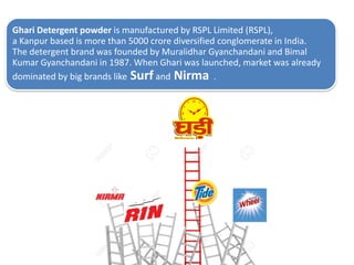 Ghari Detergent powder is manufactured by RSPL Limited (RSPL),
a Kanpur based is more than 5000 crore diversified conglomerate in India.
The detergent brand was founded by Muralidhar Gyanchandani and Bimal
Kumar Gyanchandani in 1987. When Ghari was launched, market was already
dominated by big brands like Surf and Nirma .
 