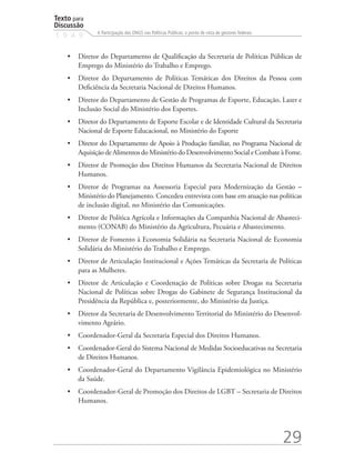 Texto para
Discussão
1 9 4 9
29
A Participação das ONGS nas Políticas Públicas: o ponto de vista de gestores federais
•	 Diretor do Departamento de Qualificação da Secretaria de Políticas Públicas de
Emprego do Ministério do Trabalho e Emprego.
•	 Diretor do Departamento de Políticas Temáticas dos Direitos da Pessoa com
Deficiência da Secretaria Nacional de Direitos Humanos.
•	 Diretor do Departamento de Gestão de Programas de Esporte, Educação, Lazer e
Inclusão Social do Ministério dos Esportes.
•	 Diretor do Departamento de Esporte Escolar e de Identidade Cultural da Secretaria
Nacional de Esporte Educacional, no Ministério do Esporte
•	 Diretor do Departamento de Apoio à Produção familiar, no Programa Nacional de
Aquisição de Alimentos do Ministério do Desenvolvimento Social e Combate à Fome.
•	 Diretor de Promoção dos Direitos Humanos da Secretaria Nacional de Direitos
Humanos.
•	 Diretor de Programas na Assessoria Especial para Modernização da Gestão –
Ministério do Planejamento. Concedeu entrevista com base em atuação nas políticas
de inclusão digital, no Ministério das Comunicações.
•	 Diretor de Política Agrícola e Informações da Companhia Nacional de Abasteci-
mento (CONAB) do Ministério da Agricultura, Pecuária e Abastecimento.
•	 Diretor de Fomento à Economia Solidária na Secretaria Nacional de Economia
Solidária do Ministério do Trabalho e Emprego.
•	 Diretor de Articulação Institucional e Ações Temáticas da Secretaria de Políticas
para as Mulheres.
•	 Diretor de Articulação e Coordenação de Políticas sobre Drogas na Secretaria
Nacional de Políticas sobre Drogas do Gabinete de Segurança Institucional da
Presidência da República e, posteriormente, do Ministério da Justiça.
•	 Diretor da Secretaria de Desenvolvimento Territorial do Ministério do Desenvol-
vimento Agrário.
•	 Coordenador-Geral da Secretaria Especial dos Direitos Humanos.
•	 Coordenador-Geral do Sistema Nacional de Medidas Socioeducativas na Secretaria
de Direitos Humanos.
•	 Coordenador-Geral do Departamento Vigilância Epidemiológica no Ministério
da Saúde.
•	 Coordenador-Geral de Promoção dos Direitos de LGBT – Secretaria de Direitos
Humanos.
 