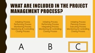 WHAT ARE INCLUDED IN THE PROJECT
MANAGEMENT PROCESS?
Initiating Process
Planning Process
Executing Process
Monitoring & Co...