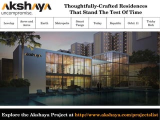 Levelup
Explore the Akshaya Project at http://www.akshaya.com/projectslist
Acres and 
Acres
Earth Metropolis
Smart 
Tango
Today Republic Orbit 11
Trichy 
Rich
Thoughtfully­Crafted Residences
That Stand The Test Of Time
 