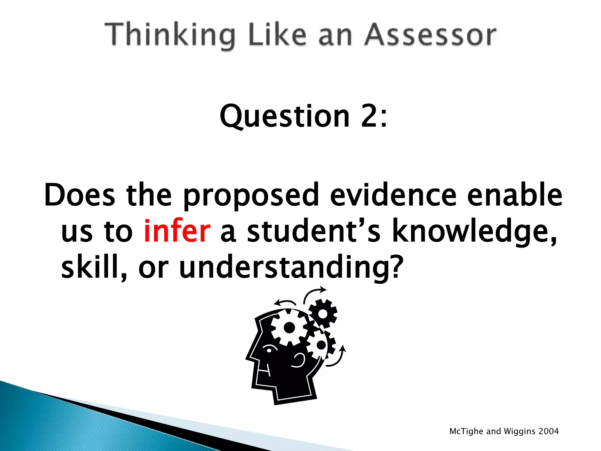 Question 2:
Does the proposed evidence enable
us to infer a student’s knowledge,
skill, or understanding?
McTighe and Wiggins 2004
 