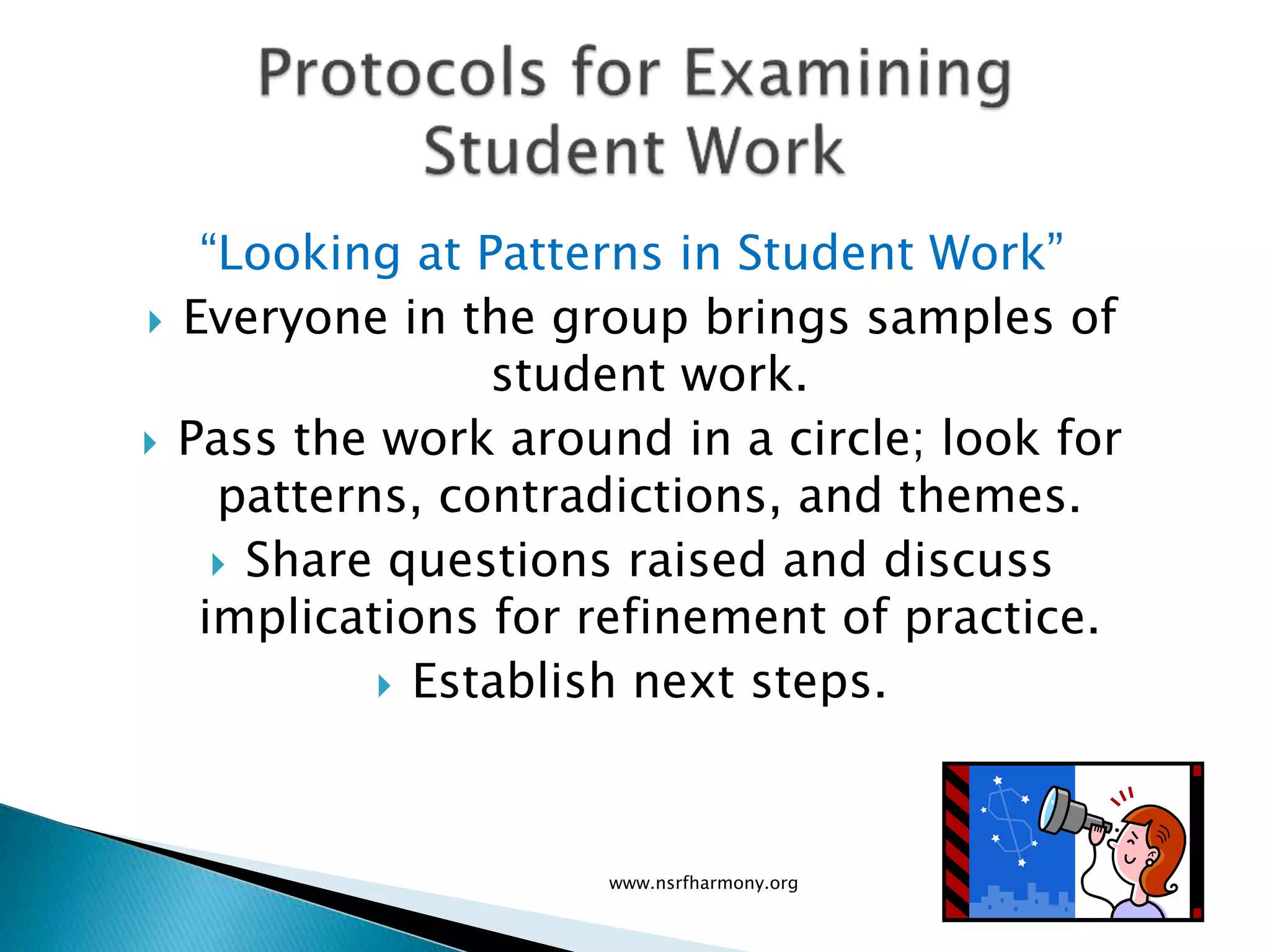 “Looking at Patterns in Student Work”
 Everyone in the group brings samples of
student work.
 Pass the work around in a circle; look for
patterns, contradictions, and themes.
 Share questions raised and discuss
implications for refinement of practice.
 Establish next steps.
www.nsrfharmony.org
 