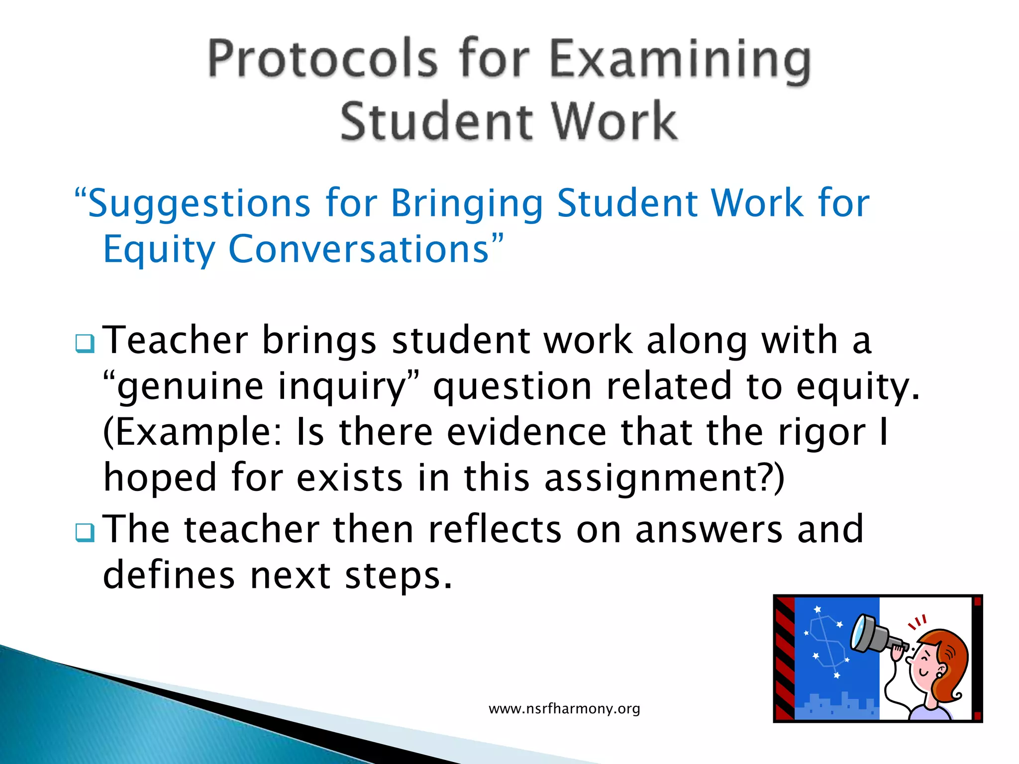 “Suggestions for Bringing Student Work for
Equity Conversations”
 Teacher brings student work along with a
“genuine inquiry” question related to equity.
(Example: Is there evidence that the rigor I
hoped for exists in this assignment?)
 The teacher then reflects on answers and
defines next steps.
www.nsrfharmony.org
 