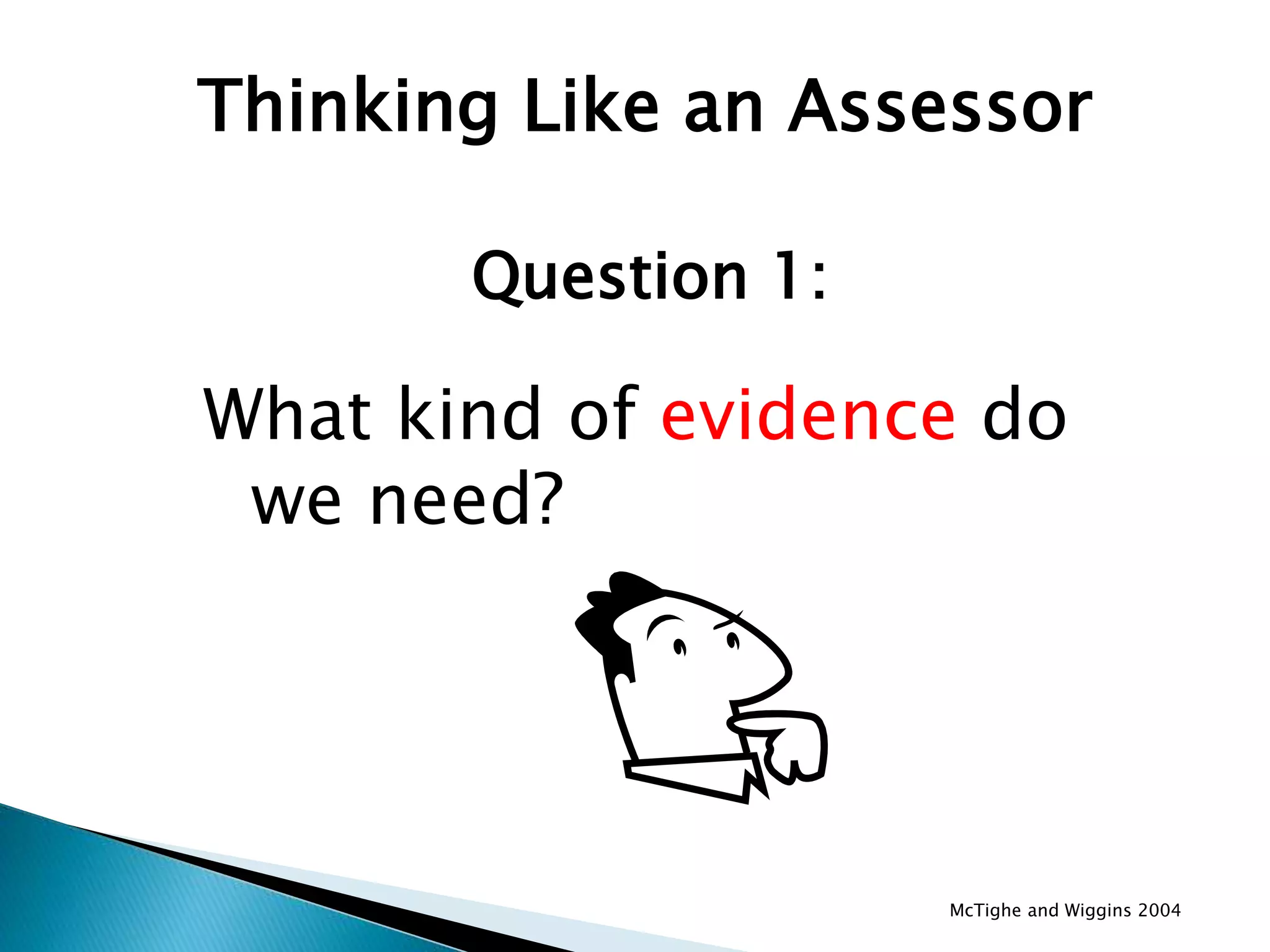 Thinking Like an Assessor
Question 1:
What kind of evidence do
we need?
McTighe and Wiggins 2004
 