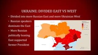 UKRAINE: DIVIDED EAST VS WEST
• Divided into more Russian East and more Ukrainian West
• Russian speakers
dominate the East
• More Russian
politically leaning
East supported
former President
 