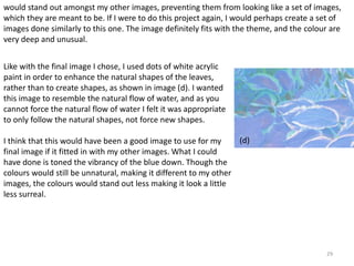 would stand out amongst my other images, preventing them from looking like a set of images, 
which they are meant to be. If I were to do this project again, I would perhaps create a set of 
images done similarly to this one. The image definitely fits with the theme, and the colour are 
very deep and unusual. 
29 
(d) 
Like with the final image I chose, I used dots of white acrylic 
paint in order to enhance the natural shapes of the leaves, 
rather than to create shapes, as shown in image (d). I wanted 
this image to resemble the natural flow of water, and as you 
cannot force the natural flow of water I felt it was appropriate 
to only follow the natural shapes, not force new shapes. 
I think that this would have been a good image to use for my 
final image if it fitted in with my other images. What I could 
have done is toned the vibrancy of the blue down. Though the 
colours would still be unnatural, making it different to my other 
images, the colours would stand out less making it look a little 
less surreal. 
 