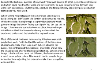 Consider the technical qualities of your work? How well done is it? What elements are strongest 
and which could need further work and development? Be sure to use technical terms in your 
work such as exposure, shutter speed, aperture and talk specifically about any post-production 
techniques you have used. 
34 
When talking my photograph the camera was set on quite a 
basic setting as I didn’t want the content to look true to real life. 
The camera was set on perhaps a slightly low aperture which 
gave the image the look of fading out slightly. You can see this in 
image (17) where the stems fade out to black. I wanted to get 
this effect as I feel like it would make my audience feel the 
depth and understand the idea behind my work more. 
Most of the work that went into creating this piece was post-production 
work. Firstly I edited the colours of the leaves on 
photoshop to make them look much duller. I adjusted the 
curves, the contrast and the exposure. Image (18) shows how 
the image looked after I edited it on photoshop. When I printed 
(17) 
(18) 
image (18) the colours came out different, the leaves came out 
a much more yellow colour. This meant I had to spend a large 
amount of time adjusting the colours to make them less yellow 
when printed. 
 