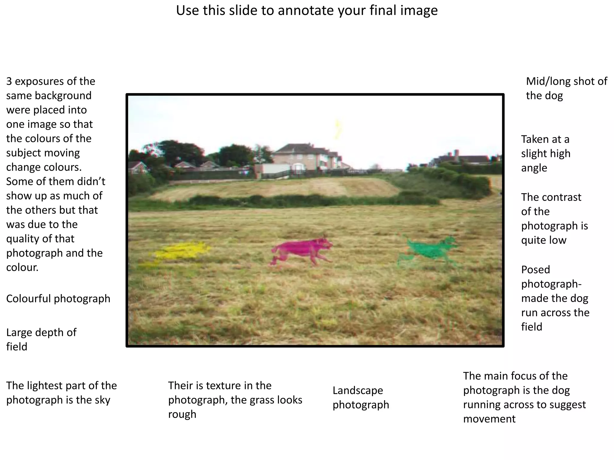 Use this slide to annotate your final image 
3 exposures of the 
same background 
were placed into 
one image so that 
the colours of the 
subject moving 
change colours. 
Some of them didn’t 
show up as much of 
the others but that 
was due to the 
quality of that 
photograph and the 
colour. 
Colourful photograph 
Large depth of 
field 
The lightest part of the 
photograph is the sky 
Their is texture in the 
photograph, the grass looks 
rough 
Landscape 
photograph 
Mid/long shot of 
the dog 
Taken at a 
slight high 
angle 
The contrast 
of the 
photograph is 
quite low 
Posed 
photograph-made 
the dog 
run across the 
field 
The main focus of the 
photograph is the dog 
running across to suggest 
movement 
 