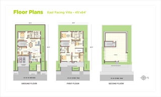 Floor Plans East Facing Villa - 45’x64’
GROUND FLOOR
BEDROOM-01
14’0’’X13’0’’
FOYER
4’0’’X13’0’’
GREAT ROOM
19’9’’X14’10’’
F. KITCHEN
11’0’’X13’0’’
UTILITY
4’7’’X13’0’’
CAR PARKING
16’0’’X16’0’’
COURT
ENTRY
POW.RM
5’X4’0’’
TOILET-01
9’4’’X9’0’’
DOMESTIC RM
8’0’’X9’0’’
Jogging TrackJogging Track
LAWN
Jogging Track
LANDSCAPEDAREA
30’ / 40’ / 50’ WIDE ROAD
DRAWING ROOM
11’9’’X13’0’’
DN
UP
DOM.TOI
4’7’’X3’9’’
64’0”
45’0” 45’0”
64’0”
BEDROOM-03
11’4½’’X10’1’’
MASTER
BEDROOM
16’X13’
BEDROOM-02
16’0’’X12’3’’
WALK-IN
-02
4’10’’X8’3’’
TOILET-03
5’3’’X9’0’’
COURT BELOW
M.WALK-IN
10’1’’X5’0’’
M.TOILET
10’1’’X7’7’’
UP
DN
BALCONY
4’9’’X11’11’’
MULTI-PURPOSE
ROOM
11’X12’3’’
PUJA
4’4’’X5’0’’
LAWN BELOW
LANDSCAPED
AREABELOW
LAWNBELOW
FIRST FLOOR
LAWNBELOW
11’3’’X5’9’’
TOILET-02
5’7’’X8’3’’
30’ / 40’ / 50’ WIDE ROAD
PROJECTED PORCH BELOW
TERRACE
STAIRCASE
HEADROOM
PROJECTED PORCH BELOW
DN
SECOND FLOOR
30’ / 40’ / 50’ WIDE ROAD
 