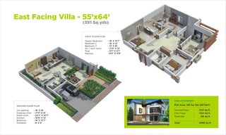 East Facing Villa - 55’x64’
(391 Sq yds)
GROUND FLOOR PLAN
- 16' X 16'
- 17'4" X 12'
- 23'7" X 14'7"
- 10'6" X 12'
- 16' X 13'7"
- 8' X 9’
Car parking
Drawing room
Great room
Kitchen
Bedroom
Domestic
FIRST FLOOR PLAN
- 18' X 13'7”
- 16' X 12'
- 12' X 16'
- 17'4" X 12'
- 5'7” X 4'1"
- 6'3" X 11'8"
Master Bedroom
Bedroom 2
Bedroom 3
AV / Gym room
Puja
Balcony
AREA STATEMENT
Plot Area: 391 Sq Yds (55’X64’)
Ground Floor
First Floor
Staircase
Total
:
:
:
:
2157 Sq ft
1754 Sq ft
158 Sq ft
4069 Sq ft
 