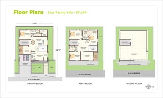 Floor Plans East Facing Villa - 55’x64’
TERRACE
FLAT ROOF
PARAPET
UP
PROJECTED PORCH BELOW
SECOND FLOOR
30‘ / 40’ / 50’ WIDE ROAD
CAR PARKING
16’0’’X16’0’’
F.KITCHEN
10’6’’X12’0’’
UTILITY
5’X12’
GREAT ROOM
23’7’’X14’7’’
DRAWING ROOM
17’4’’X12’0’’
FOYER
5’6’’X12’9’’
COURT
POW.RM
5’6’’X4’0’’
TOILET-01
9’2’’X9’0’’
UP
LAWN
ENTRY
LAWN
JOGGING TRACK JOGGING TRACK
30’ / 40’ / 50’ WIDE ROAD
WALK IN
5’6’’X4’6’’
DOMESTIC
8’0’’X9’0’’
GROUND FLOOR
DOM.TOI.
4’7’’X4’6’’
BEDROOM - 01
16”0”X13’7”
55’0”
64’0”
MASTER
BEDROOM-01
18’0’’X13’7’’
MASTER
TOILET
9’1’’X8’7’’
COURT BELOW
12’6”X8’0”
BED ROOM-03
12’0’’X16’0’’
WALK-IN-02
4’10’’X8’0’’
TOILET-02
7’0’’X8’0’’
TOILET-03
12’0’’X5’4’’
MASTER WALK-IN
9’1’’X4’7’’
A.V.RM/GYM
17’4’’X12’0’’
PUJA
5’7’’X4’1’’
BALCONY
6’3’’X11’8’’
PROJECTED PORCH
UP
FAMILY ROOM
15’1’’X16’3’’
FIRST FLOOR
30‘ / 40’ / 50’ WIDE ROAD
BEDROOM-02
16’0’’X12’0’’
 