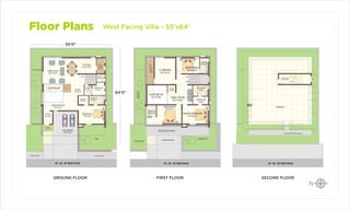 Floor Plans West Facing Villa - 55’x64’
M.WALK-IN
10’X5’
BEDROOM-03
16’3’’X12’1’’
COURT BELOW
13’1’’X12’6’’
A.V.RM/GYM
13’7’’X17’3’’
5’0’’X18’0’’WIDE
BALCONY
PUJA
5’½’’X5’0’’
UP
DN
V
FD2
PROJECTED PORCH
LANDSCAPED
AREABELOW LAWN BELOW
FIRST FLOOR
LAWN BELOW
PARKING BELOW
FAMILY ROOM
10’7’’X12’6’’
TOILET-02
5’4’’X10’0’’
TOILET-03
5’10’’X7’6’’ MASTER BEDROOM
17’0’’X12’1’’
BEDROOM-02
15’3’’X10’0’’
30’ / 40’ / 50’ WIDE ROAD
M.TOILET
10’X7’
SECOND FLOOR
UP
DN
W7
PROJECTED PORCH BELOW
GUTTER
TERRACE
STAIRCASE
HEADROOM
30’ / 40’ / 50’ WIDE ROAD
UP
CAR PARKING
16’0’’X16’0’’
UTILITY
5’X10’
F.KITCHEN
12’4½’’X10’0’’
FOYER
5’10’’X8’1’’
DRAWING ROOM
18’3’’X12’0’’
DECK
WALK-IN
6’6’’X5’7’’
DOM.TOI
5'0"X4'10"
STUDY
8’7’’X7’3’’
LAWN
JOGGING TRACK JOGGING TRACK
30’ / 40’ / 50’ WIDE ROAD
GROUND FLOOR
BEDROOM-01
17’0’’X12’1’’
GREAT ROOM
22’7’’X17’0’’
DOMESTIC.RM
8’0’’X6’6’’
TOILET-01
10’0’’X5’7’’
POW.RM
4’7½’’X6’6’’
55’0”
64’0”
COURT BELOW
 