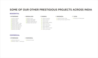 SOME OF OUR OTHER PRESTIGIOUS PROJECTS ACROSS INDIA
HYDERABAD
Ramky Repose
Ramky Pride
Ramky Pearl
Ramky Towers
Ramky Towers – Elite
Ramky CEO Enclave
Ramky Discovery City
Ramky One Kosmos
Ramky One Marvel
Ramky One Wave
BENGALURU
Ramky Utsav
Ramky Samruddhi
Ramky One North
Ramky Serene Woods
Ramky One Carnival
WARANGALCHENNAI
Ramky Ecopolis
Ramky Elysium
Ramky Palm
Ramky RWD Atlantis
RWD Corniche
RWD Chennai 56
RWD Midlands
RWD Grand Corridor
RWD Lemongraz
VIZAG
Ramky Enclave Villas
Ramky Enclave Apartments
Ramky @ Sheelanagar
RESIDENTIAL
COMMERCIAL
HYDERABAD
Ramky Selenium
Ramky Towers – Grandiose
WARANGAL
Ramky Enclave
 