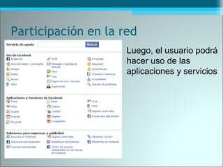 Participación en la red
Luego, el usuario podrá
hacer uso de las
aplicaciones y servicios
 