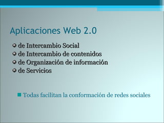 Aplicaciones Web 2.0
de Intercambio Socialde Intercambio Social
de Intercambio de contenidosde Intercambio de contenidos
de Organización de informaciónde Organización de información
de Serviciosde Servicios
Todas facilitan la conformación de redes sociales
 
