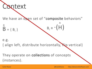 Carlo Pescio @CarloPescio http://physicsofsoftware.com
Context
We have an open set of “composite behaviors”
+
B = { Bi }
e...