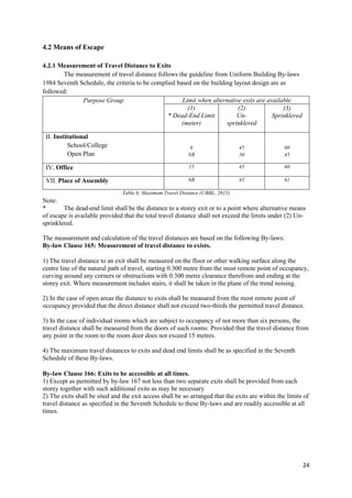 24
4.2 Means of Escape
4.2.1 Measurement of Travel Distance to Exits
The measurement of travel distance follows the guideline from Uniform Building By-laws
1984 Seventh Schedule, the criteria to be complied based on the building layout design are as
followed:
Purpose Group Limit when alternative exits are available
(1)
* Dead-End Limit
(meter)
(2)
Un-
sprinklered
(3)
Sprinklered
II. Institutional
School/College
Open Plan
6
NR
45
30
60
45
IV. Office 15 45 60
VII. Place of Assembly NR 45 61
Table 8; Maximum Travel Distance (UBBL, 2015)
Note:
* The dead-end limit shall be the distance to a storey exit or to a point where alternative means
of escape is available provided that the total travel distance shall not exceed the limits under (2) Un-
sprinklered.
The measurement and calculation of the travel distances are based on the following By-laws:
By-law Clause 165: Measurement of travel distance to exists.
1) The travel distance to an exit shall be measured on the floor or other walking surface along the
centre line of the natural path of travel, starting 0.300 metre from the most remote point of occupancy,
curving around any corners or obstructions with 0.300 metre clearance therefrom and ending at the
storey exit. Where measurement includes stairs, it shall be taken in the plane of the trend noising.
2) In the case of open areas the distance to exits shall be measured from the most remote point of
occupancy provided that the direct distance shall not exceed two-thirds the permitted travel distance.
3) In the case of individual rooms which are subject to occupancy of not more than six persons, the
travel distance shall be measured from the doors of such rooms: Provided that the travel distance from
any point in the room to the room door does not exceed 15 metres.
4) The maximum travel distances to exits and dead end limits shall be as specified in the Seventh
Schedule of these By-laws.
By-law Clause 166: Exits to be accessible at all times.
1) Except as permitted by by-law 167 not less than two separate exits shall be provided from each
storey together with such additional exits as may be necessary
2) The exits shall be sited and the exit access shall be so arranged that the exits are within the limits of
travel distance as specified in the Seventh Schedule to these By-laws and are readily accessible at all
times.
 