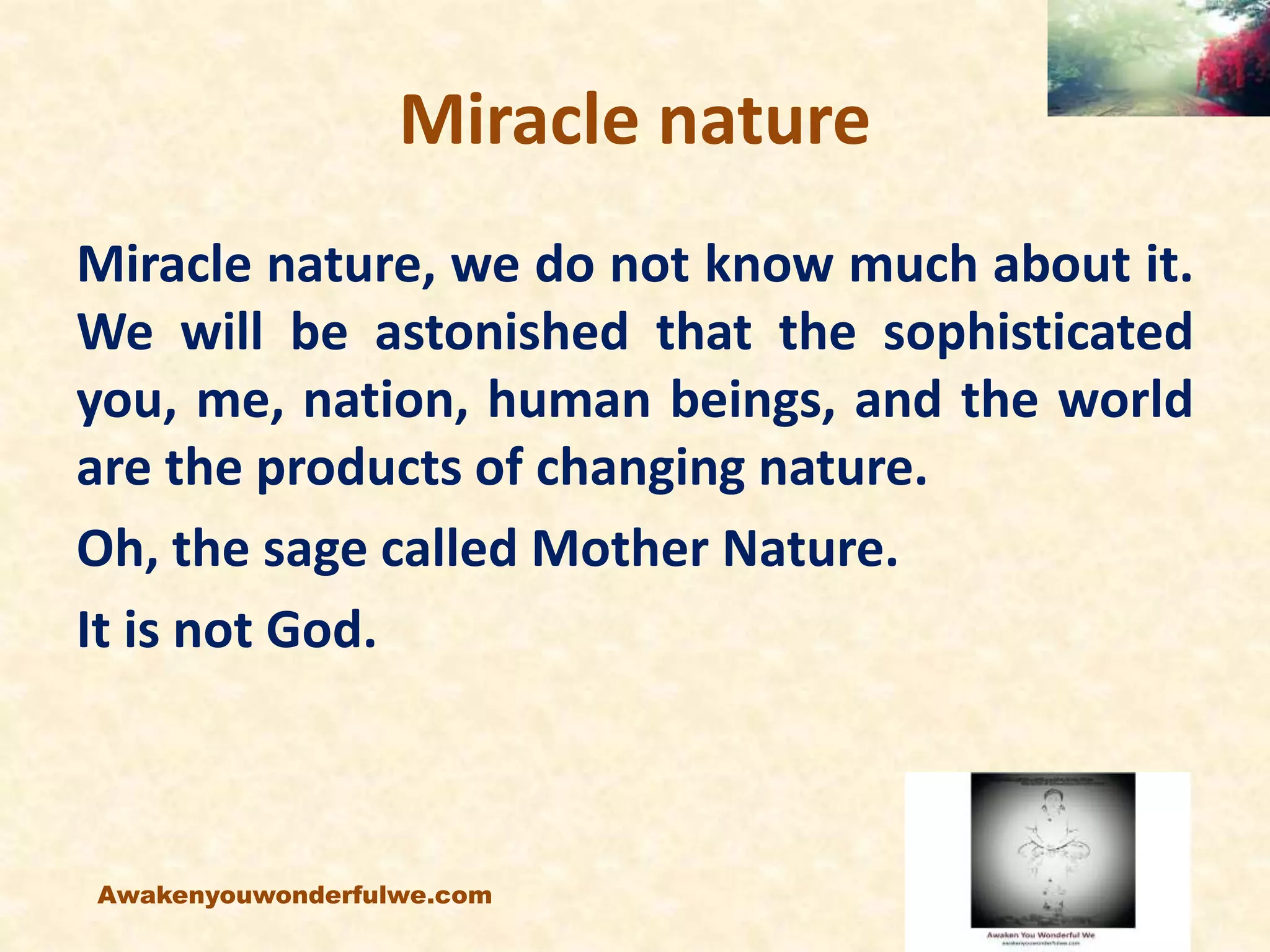Miracle nature
Miracle nature, we do not know much about it.
We will be astonished that the sophisticated
you, me, nation, human beings, and the world
are the products of changing nature.
Oh, the sage called Mother Nature.
It is not God.
Awakenyouwonderfulwe.com
 