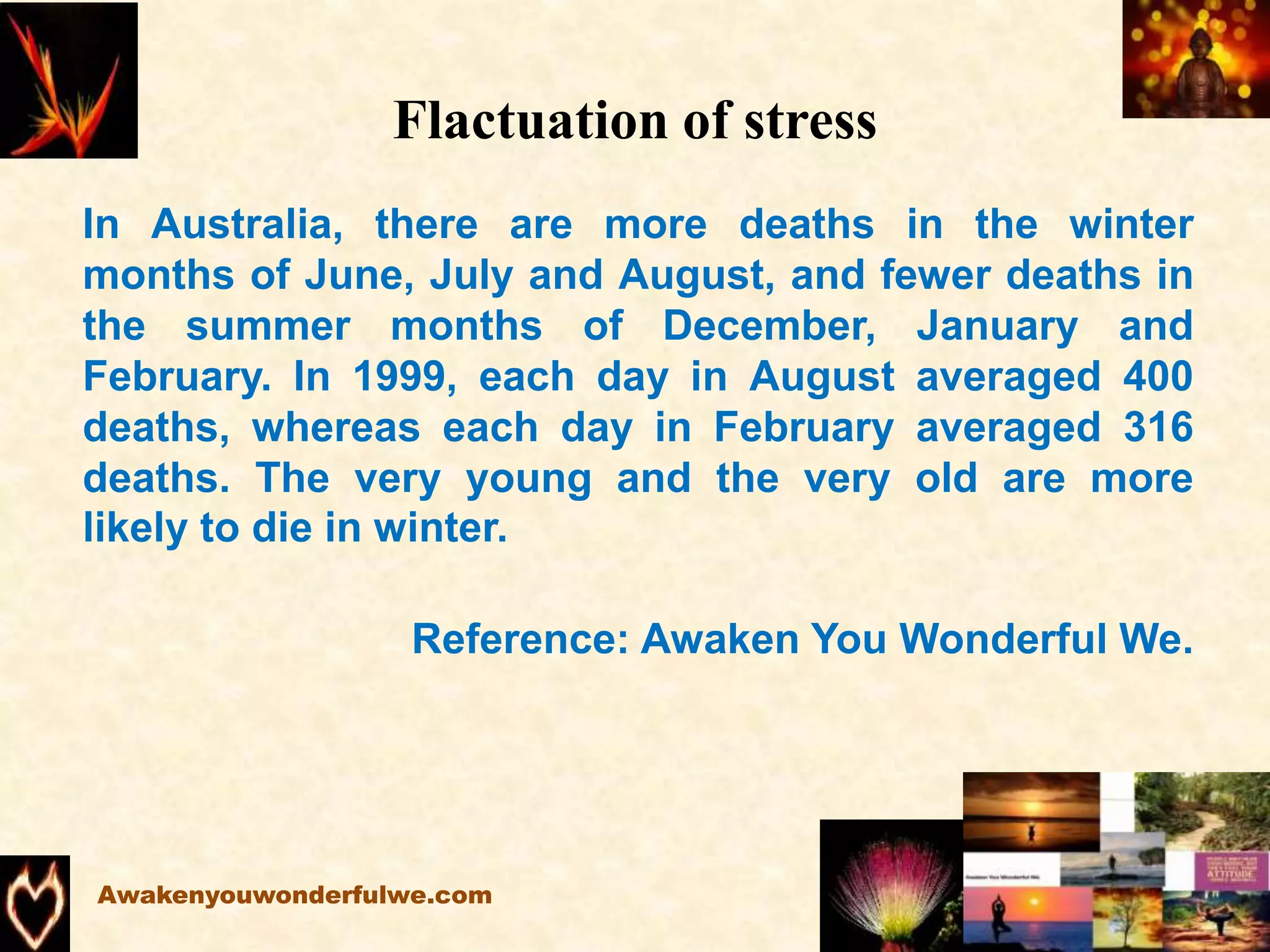 Flactuation of stress
In Australia, there are more deaths in the winter
months of June, July and August, and fewer deaths in
the summer months of December, January and
February. In 1999, each day in August averaged 400
deaths, whereas each day in February averaged 316
deaths. The very young and the very old are more
likely to die in winter.
Reference: Awaken You Wonderful We.
Awakenyouwonderfulwe.com
 