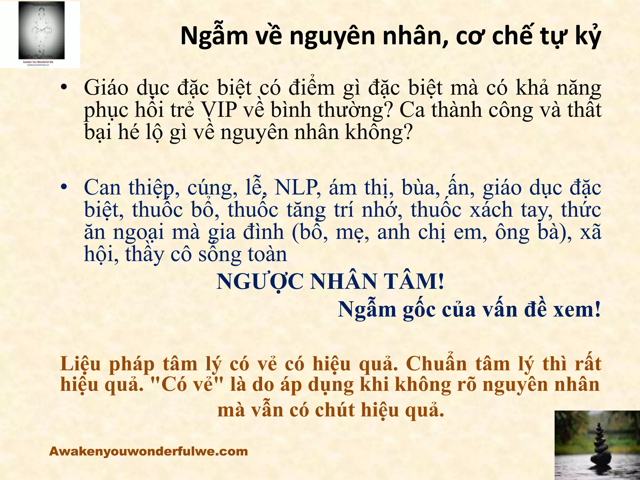 Ngẫm về nguyên nhân, cơ chế tự kỷ
• Giáo dục đặc biệt có điểm gì đặc biệt mà có khả năng
phục hồi trẻ VIP về bình thường? Ca thành công và thất
bại hé lộ gì về nguyên nhân không?
• Can thiệp, cúng, lễ, NLP, ám thị, bùa, ấn, giáo dục đặc
biệt, thuốc bổ, thuốc tăng trí nhớ, thuốc xách tay, thức
ăn ngoại mà gia đình (bố, mẹ, anh chị em, ông bà), xã
hội, thầy cô sống toàn
NGƯỢC NHÂN TÂM!
Ngẫm gốc của vấn đề xem!
Liệu pháp tâm lý có vẻ có hiệu quả. Chuẩn tâm lý thì rất
hiệu quả. "Có vẻ" là do áp dụng khi không rõ nguyên nhân
mà vẫn có chút hiệu quả.
Awakenyouwonderfulwe.com
 