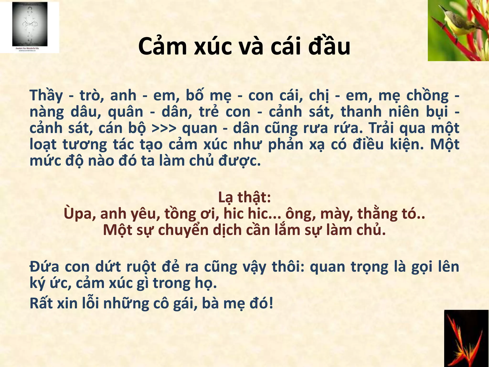 Cảm xúc và cái đầu
Thầy - trò, anh - em, bố mẹ - con cái, chị - em, mẹ chồng -
nàng dâu, quân - dân, trẻ con - cảnh sát, thanh niên bụi -
cảnh sát, cán bộ >>> quan - dân cũng rưa rứa. Trải qua một
loạt tương tác tạo cảm xúc như phản xạ có điều kiện. Một
mức độ nào đó ta làm chủ được.
Lạ thật:
Ùpa, anh yêu, tồng ơi, hic hic... ông, mày, thằng tó..
Một sự chuyển dịch cần lắm sự làm chủ.
Đứa con dứt ruột đẻ ra cũng vậy thôi: quan trọng là gọi lên
ký ức, cảm xúc gì trong họ.
Rất xin lỗi những cô gái, bà mẹ đó!
 
