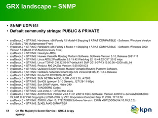 On Her Majesty's Secret Service - GRX & A spy
agency
GRX landscape – SNMP
• SNMP UDP/161
• Default community strings: PUBL...