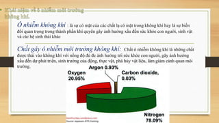 Ô nhiễm không khí : là sự có mặt của các chất lạ có mặt trong không khí hay là sự biến
đổi quan trọng trong thành phần khí quyển gây ảnh hưởng xấu đến sức khỏe con người, sinh vật
và các hệ sinh thái khác
Chất gây ô nhiễm môi trường không khí: Chất ô nhiễm không khí là những chất
được thải vào không khí với nồng độ đủ đe ảnh hưởng tới sức khỏe con người, gây ảnh hưởng
xấu đến dự phát triển, sinh trưởng của động, thực vật, phá hủy vật liệu, làm giảm cảnh quan môi
trường.
 