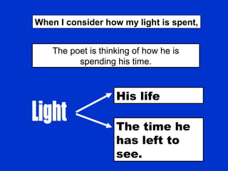 When I consider how my light is spent,
The poet is thinking of how he is
spending his time.
His life
The time he
has left to
see.
 