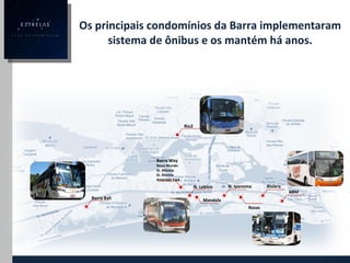 Os principais condomínios da Barra implementaram sistema de ônibus e os mantém há anos. Rio2 Barra Bali N. Leblon Mandala N. Ipanema Rosas ABM Riviera Barra Way Novo Mundo St. Mônica St. Marina Americas Park 