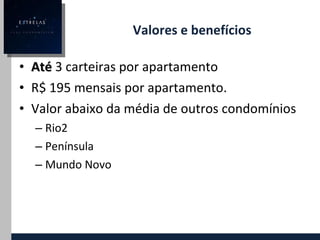 Valores e benefícios Até   3 carteiras por apartamento R$ 195 mensais por apartamento. Valor abaixo da média de outros condomínios Rio2 Península Mundo Novo 