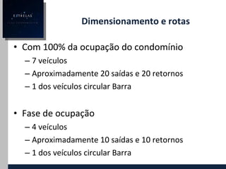 Dimensionamento e rotas Com 100% da ocupação do condomínio 7 veículos Aproximadamente 20 saídas e 20 retornos 1 dos veículos circular Barra Fase de ocupação 4 veículos Aproximadamente 10 saídas e 10 retornos 1 dos veículos circular Barra 