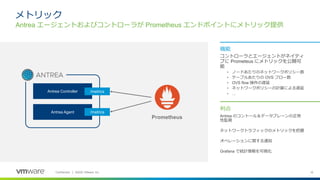 16Confidential │ ©2020 VMware, Inc.
Antrea のコントール＆データプレーンの正常
性監視
ネットワークトラフィックのメトリックを把握
オペレーションに関する通知
Grafana で統計情報を可視化
利点
コントローラとエージェントがネイティ
ブに Prometeus にメトリックを公開可
能
• ノードあたりのネットワークポリシー数
• テーブルあたりの OVS フロー数
• OVS flow 操作の遅延
• ネットワークポリシーの計算による遅延
• …
機能
Antrea エージェントおよびコントローラが Prometheus エンドポイントにメトリック提供
メトリック
Prometheus
Antrea Controller
Antrea Agent
/metrics
/metrics
 